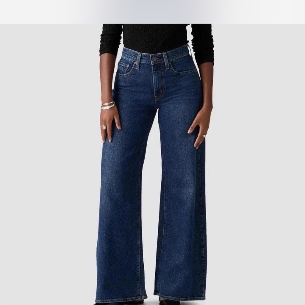 Flattering New Levis Dark Blue Hi Rise Loose Wide Leg Baggy Jean Raw Denim 27 28